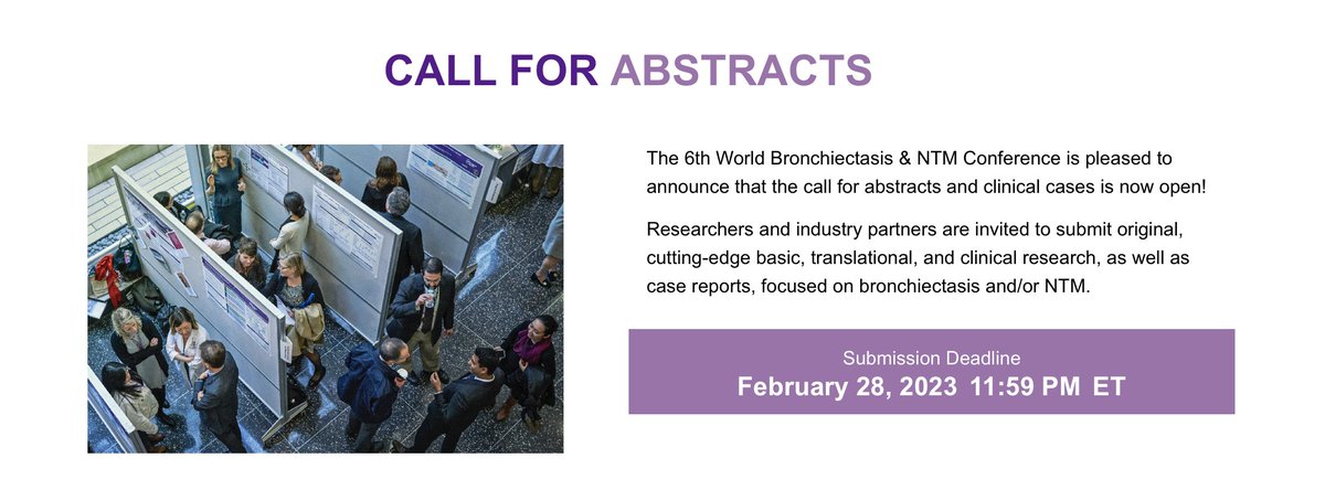 NYULangonePCCSM (@nyulangonepccsm) on Twitter photo The 6th <a href="/WorldBronchNTM/">World Bronchiectasis & NTM Conference</a> is pleased to announce that the call for abstracts and clinical cases is now open!
Submit 👉 👉 👉 bit.ly/3WlRiwk
#NTM #Bronchiectasis #WorldBronch2023 #showmethesputum #meded The 6th <a href="/WorldBronchNTM/">World Bronchiectasis & NTM Conference</a> is pleased to announce that the call for abstracts and clinical cases is now open!
Submit 👉 👉 👉 bit.ly/3WlRiwk
#NTM #Bronchiectasis #WorldBronch2023 #showmethesputum #meded