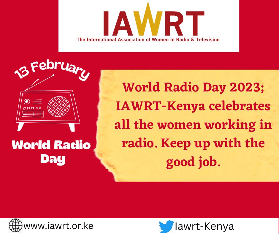 IAWRT-Kenya (@iawrtk) on Twitter photo <a href="/IawrtK/">IAWRT-Kenya</a> joins the rest of the world today in celebrating and marking World Radio Day 2023.
In this respect, we also recognize the women working in radio. We celebrate and commend your good work.
#WorldRadioDay2023
#WorldRadioDay <a href="/IawrtK/">IAWRT-Kenya</a> joins the rest of the world today in celebrating and marking World Radio Day 2023.
In this respect, we also recognize the women working in radio. We celebrate and commend your good work.
#WorldRadioDay2023
#WorldRadioDay