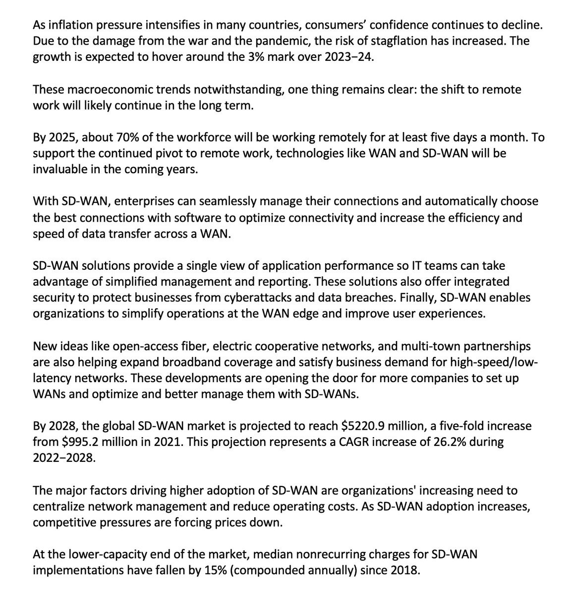 andrestostado1's tweet photo. Shift to remote work drives growth in SD-WAN market. Projected to reach $5220.9 million by 2028. Improves network management, security and user experience. Expanded broadband coverage makes adoption easier.
#SDWAN #Forecast #Growth #ACGResearch
@rmota @acg_r https://t.co/BWGz3d1b9f