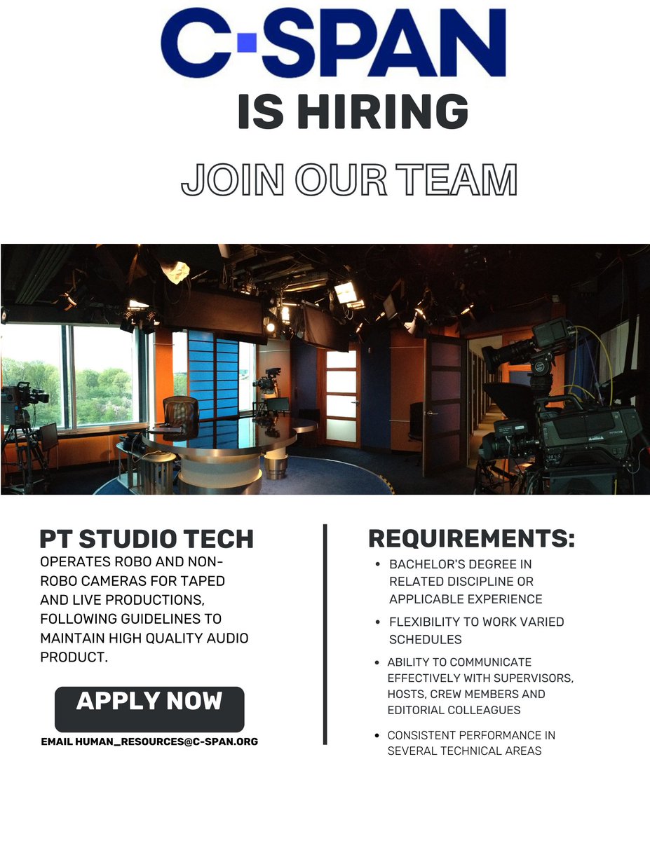 CSPANJOBS's tweet photo. C-SPAN is hiring a part-time Studio Tech to operate camera for studio productions. Interested? Email you resume and cover letter to human resources, or apply at https://t.co/o18x2ygnQJ https://t.co/pr7n7D47zt