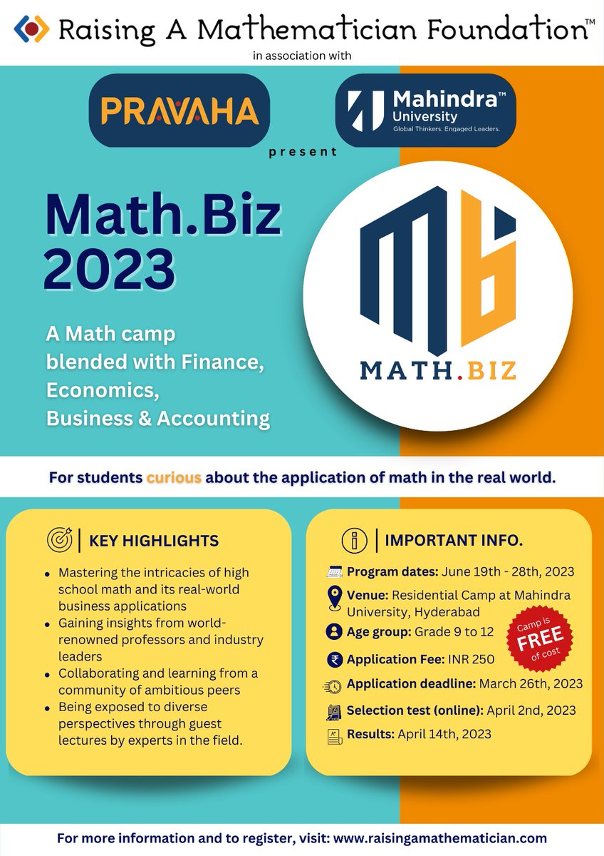 raisingamath's tweet photo. #MathBiz, 𝗮 𝟭𝟬-𝗱𝗮𝘆 𝗙𝗿𝗲𝗲 𝗥𝗲𝘀𝗶𝗱𝗲𝗻𝘁𝗶𝗮𝗹 𝗖𝗮𝗺𝗽 𝗶𝗻 𝗔𝗽𝗽𝗹𝗶𝗲𝗱 #𝗠𝗮𝘁𝗵𝗲𝗺𝗮𝘁𝗶𝗰𝘀 𝗳𝗼𝗿 #𝗛𝗶𝗴𝗵𝗦𝗰𝗵𝗼𝗼𝗹 𝗦𝘁𝘂𝗱𝗲𝗻𝘁𝘀 with @MahindraUni & 𝗣𝗿𝗮𝘃𝗮𝗵𝗮 𝗙𝗼𝘂𝗻𝗱𝗮𝘁𝗶𝗼𝗻 for grades 9-12
𝗔𝗽𝗽𝗹𝘆 @ https://t.co/R0DmDHQEoc
#stem
#mathcamp https://t.co/qZNXnuBxHN