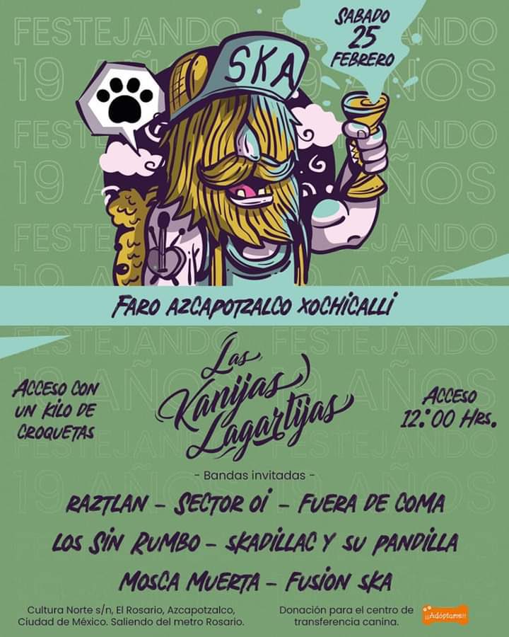 Amig@s.  Nos vemos este 25 de febrero. En el faro Azcapotzalco. El acceso únicamente con un kilo de croquetas. ¡Ahí nos vemos! <a href="/FAROAzcapo/">FARO Azcapotzalco Xochicalli</a> <a href="/KANIJOLAGARTIJO/">KANIJAS LAGARTIJAS</a> #ska #Reggae #concierto #CDMX