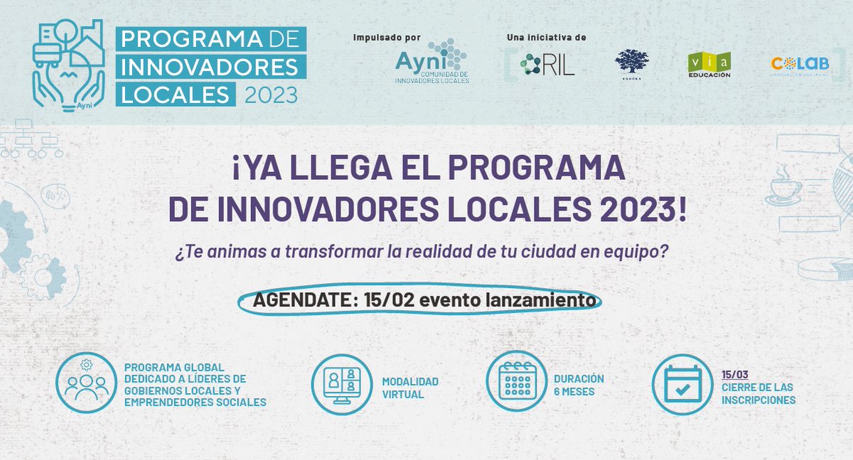 ¿Quieres trabajar por la transformación de tu ciudad?
Programa de Innovadores Locales: una experiencia de 6 meses en la que Líderes de Gobiernos Locales y Emprendedores Sociales se formarán en metodología de innovación sistémica.
¡Inscríbete! bit.ly/lanzamientoPIL…