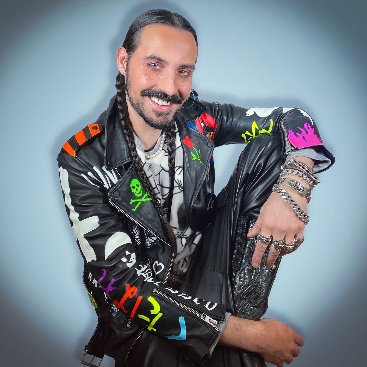 Wear your art on your sleeve with my handpainted leather biker jacket 🎨Modeled and painted by your truly💥get your one-of-kind piece now! #handpaintedLeather #customStyle #LeatherFashion #bikerlove #yearzerolondon