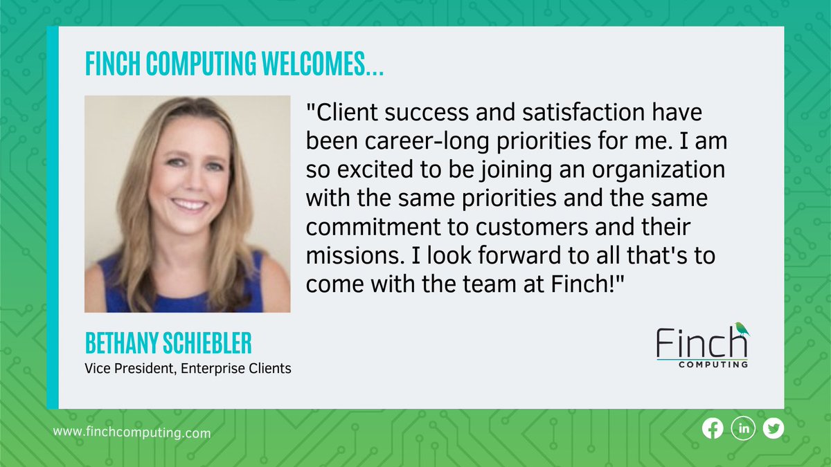 FinchComputing's tweet image. Welcome aboard, Bethany! We're so glad to have your client-centric expertise and experience on the team!