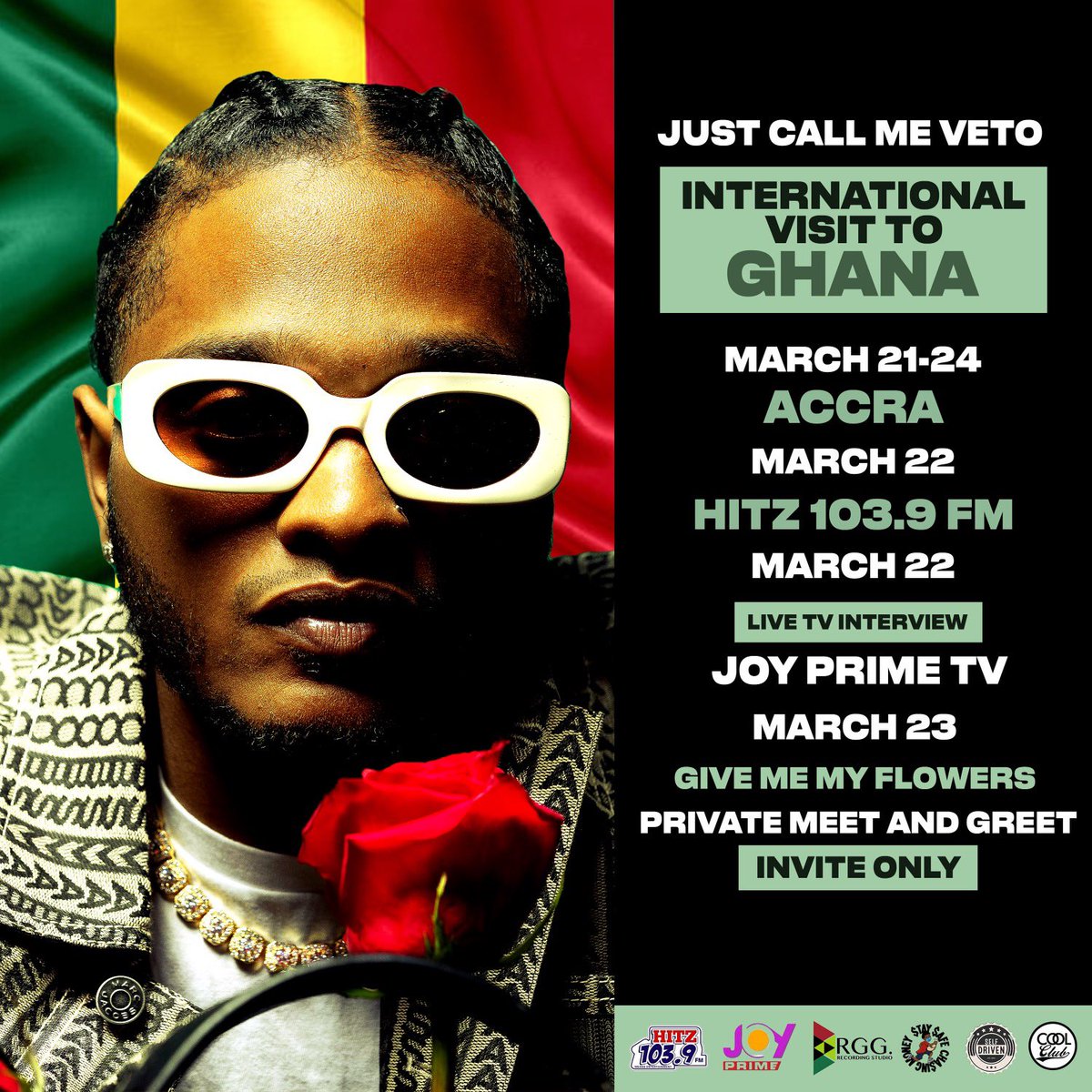 JustCallMeVeto's tweet photo. FINALLY WE CAN ANNOUNCE IT ♨️♨️♨️@JUSTCALLMEVETO “ International Visit to Ghana “ March 21-24 🙌🏾🙌🏾 Live Interviews with @hitz1039fm & @joyprimetv THE #1 RADIO X TV STATIONS IN GHANA 🇬🇭 stay tuned for our Vlog ! Subscribe to our YouTube channel link in bio 💐💐💐 #SelfDrivenLLC https://t.co/7v5KNruyPa