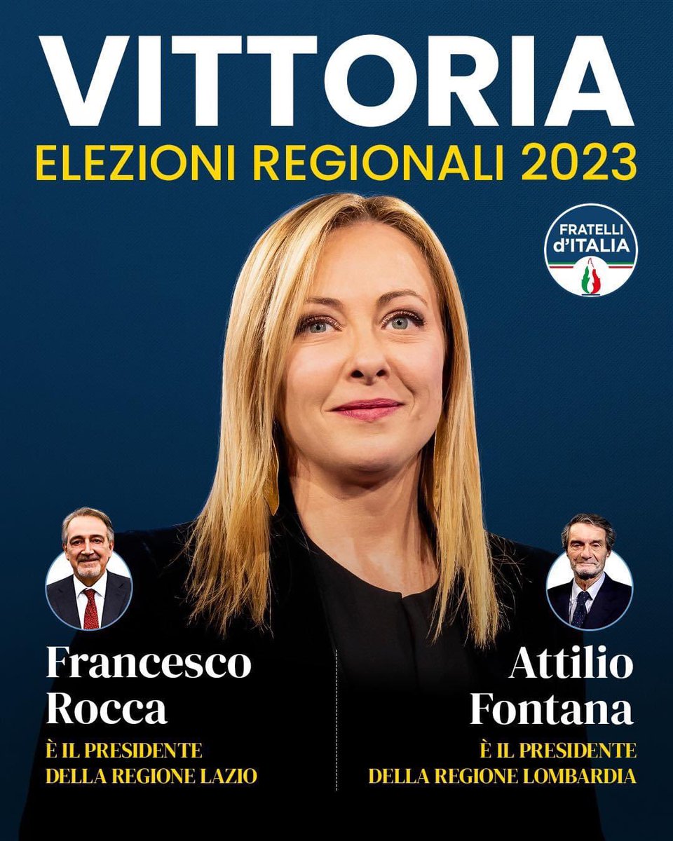 Una grande vittoria che premia @FratellidItalia e il Governo di centrodestra guidato da @GiorgiaMeloni. 🇮🇹
#RegioneLazio #regionelombardia