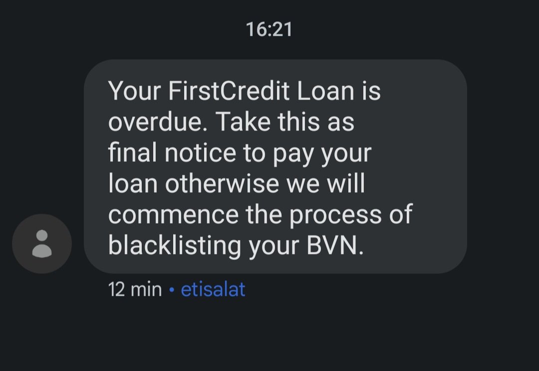 @FirstBankngr I'm saddened and unhappy with you guys. After several complaints and DM I'm still getting this message. Kindly treat this as urgent and ensure I stop getting this message cos I'm not owing FirstCredit.