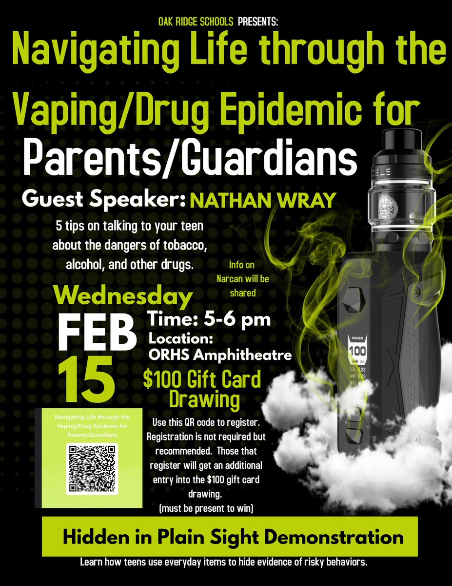 <a href="/ORSchools/">Oak Ridge Schools</a> Families: Register for this event: forms.office.com/r/WsNg4AZhKY to enter to win the $100 gift card!  Please make plans to attend &amp; share! <a href="/ORHS_Wildcats/">Oak Ridge HS</a> @ORHSCounseling <a href="/JMS_Eagles/">JeffersonMS</a> <a href="/RMSortn/">Robertsville Middle</a> <a href="/WoodlandHawks/">Woodland Elementary</a> <a href="/WBESbears/">Willow Brook Elementary School</a> <a href="/LindenLion/">Linden Elementary</a> <a href="/GlenwoodCubs/">Glenwood Elementary</a> <a href="/OakRidgePolice/">Oak Ridge Police</a> <a href="/FriendsofORS/">Friends of ORS</a>