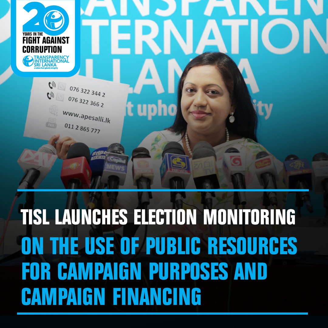 #TISL Invites the public to be vigilant and report the use of public resources for election campaign purposes, and election campaign expenses. Launches hotlines 076 322 3442 / 076 322 3662 and website Apesalli.lk to report incidents Read more: bitly.ws/AaIf
