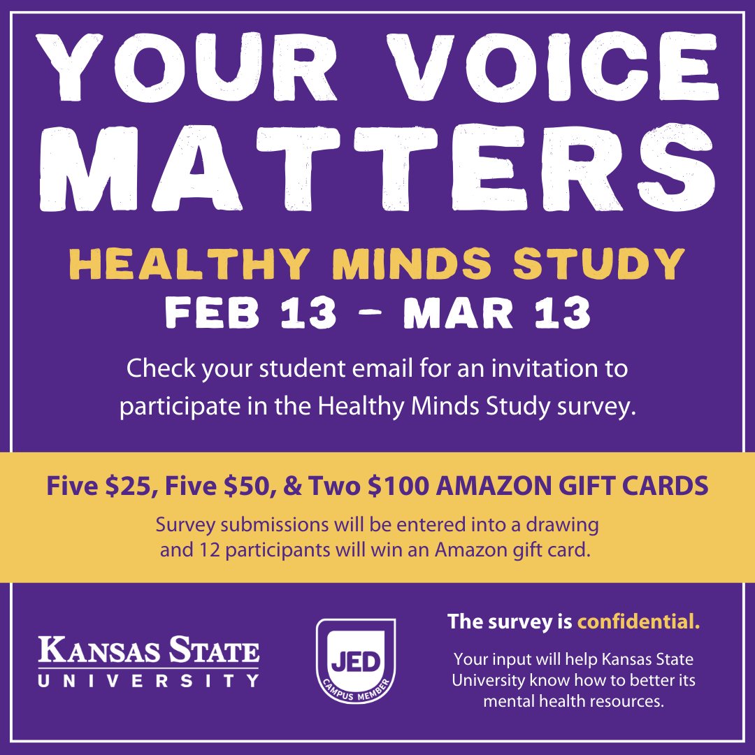 Did you get an email from healthyminds-ksu@umich.edu? Complete the Healthy Minds Study survey and let your voice be heard!