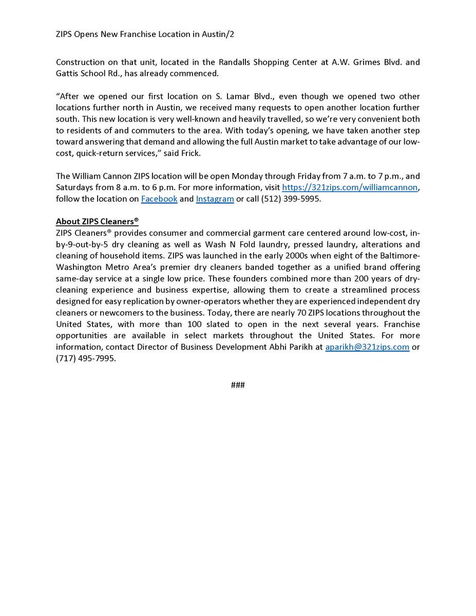 Congratulations to our #portfoliocompany, @ZIPSCleaners on the opening of another location in Austin, Tx. Launched in the early 2000's w/only 8 stores, today ZIPS has nearly 70 locations throughout the US. #privateequity #realestate #franchising #franchisingopportunities