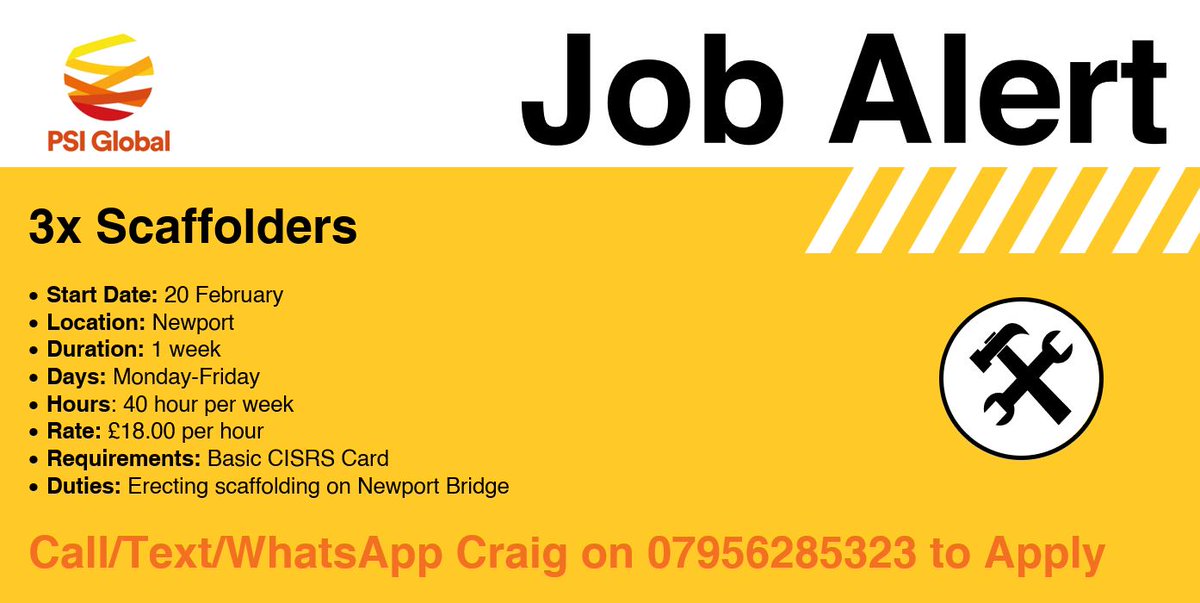 Job Alert: Our Industrial Services team are recruiting 3x Scaffolders for work in Newport starting 20/2. Call/text/WhatsApp Craig on 07956285323 to apply, and visit our site to learn more 👉 ow.ly/pXgk50MQQhw @JCPinSEWales #NewportJobs #WalesJobs