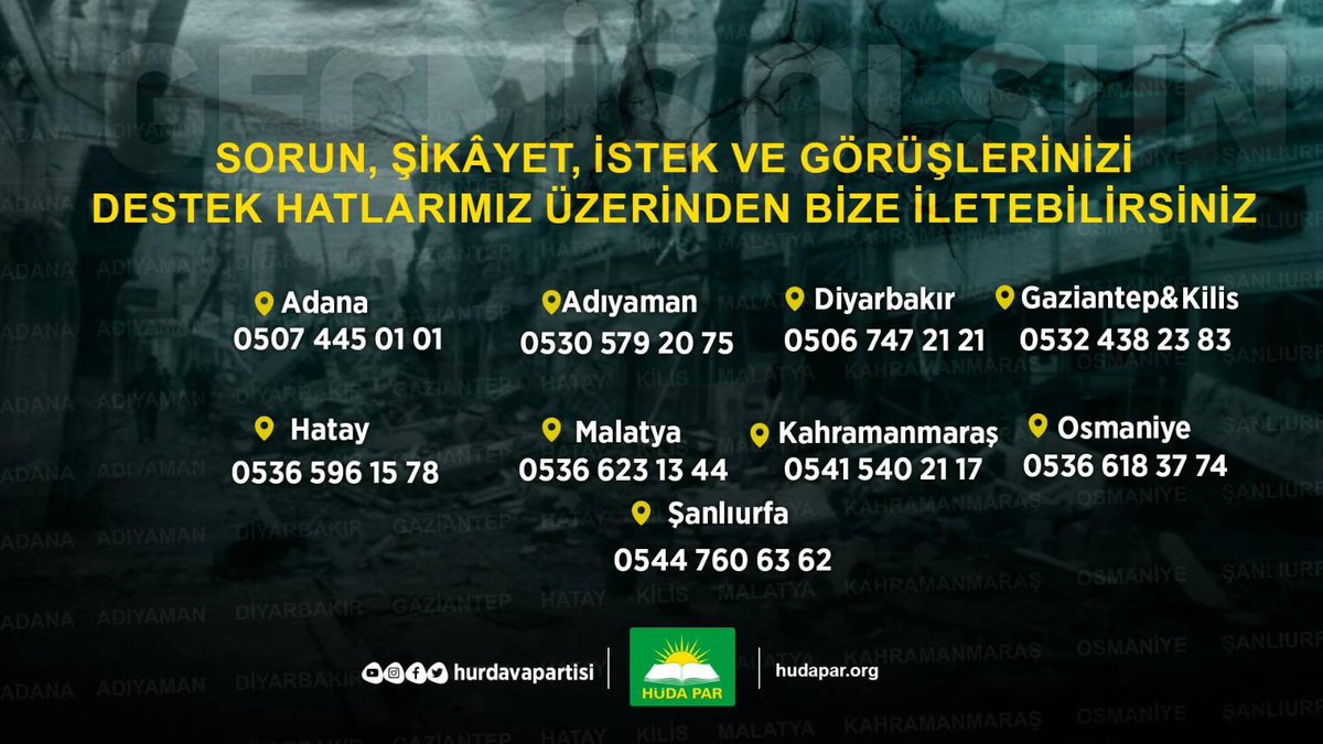 Sorun, Şikâyet, İstek ve Görüşlerinizi Destek Hatlarımız Üzerinden Bize İletebilirsiniz.
#Depremzede
#depremsondakika
#kahramamaras
#hatayiskenderun
#Adana
#OSMANİYE
#Gaziantep
#sanlıurfa
#Malatya
#Adıyaman
#Diyarbakirdeprem
#GünDayanışmaGünü
#AFET
#AsrınFelaketi
#DepremBölgesi