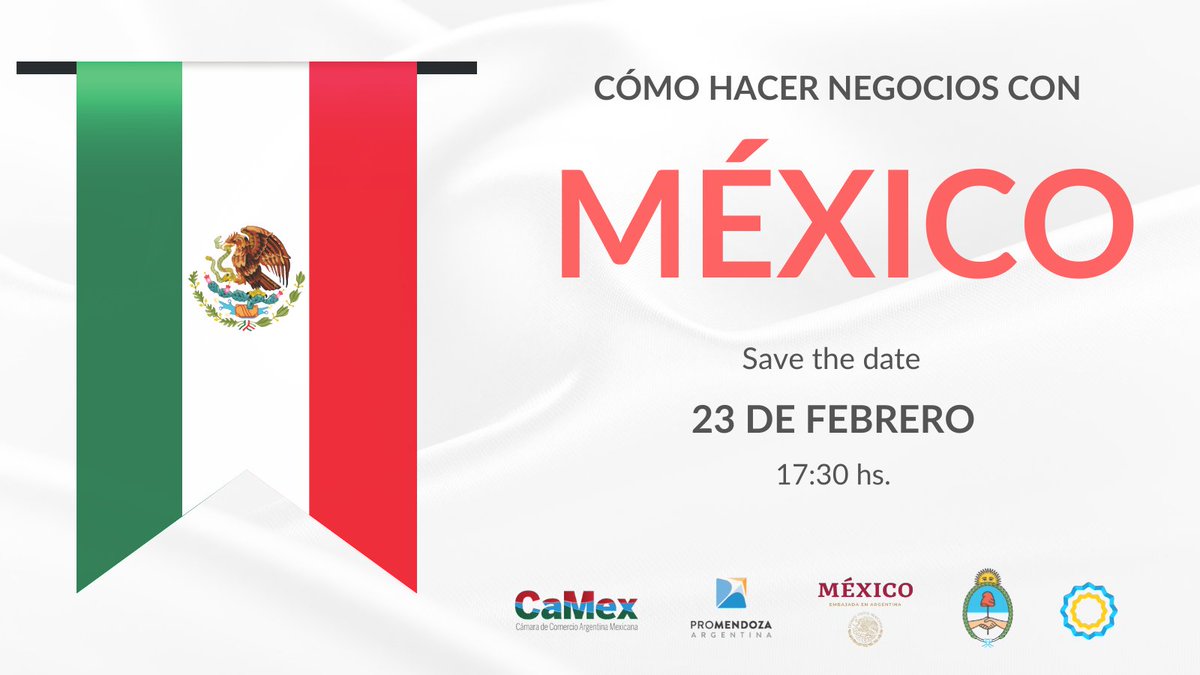 🇲🇽
Te invitamos a descubrir un mercado gigante!
#México está en crecimiento, no te pierdas esta oportunidad para conocerlo

Elegí cómo participar: presencial en el <a href="/ParqueTIC/">Mendoza TIC Parque Tecnológico</a> o virtual vía Zoom

📌 23/02
📌17:30 hs.
<a href="/EmbaMexAr/">Embajada de México en Argentina</a>