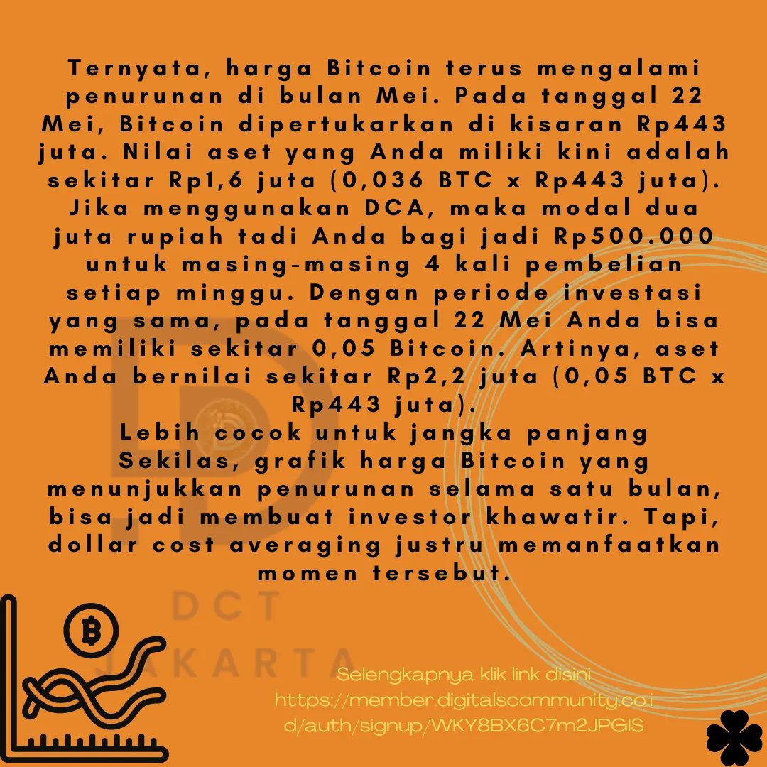 DctJakarta's tweet photo. Apa sih dollar cost averaging? Yuk kita bahas! 
For information detail :
*WhatsApp admin*
- 0821 1000 6164
- 0896 1000 6164

#asetcrypto #profit #halal #bisnisdigital 
#legal #halal #saham #bursa #bursa #uangbanyak #lelaglnews #bisnissantai #kesempatan #tradingsaham #pedagang https://t.co/pnDU8LCkgT