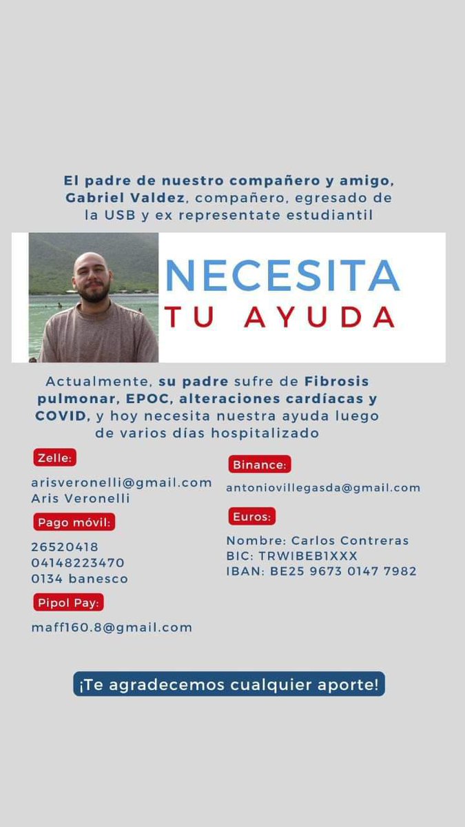 gvaldezg's tweet image. Mi papá tiene 13 días hospitalizado.

Aunque ha estado en hospitales públicos, cada jeringa, alcohol, algodones, jercos, soluciones 0.9, y graaan parte de los medicamentos van por cuenta propia. 

Pronto debe empezar fisioterapia respiratoria.

Cada bolívar cuenta. (Hilo 🧵)