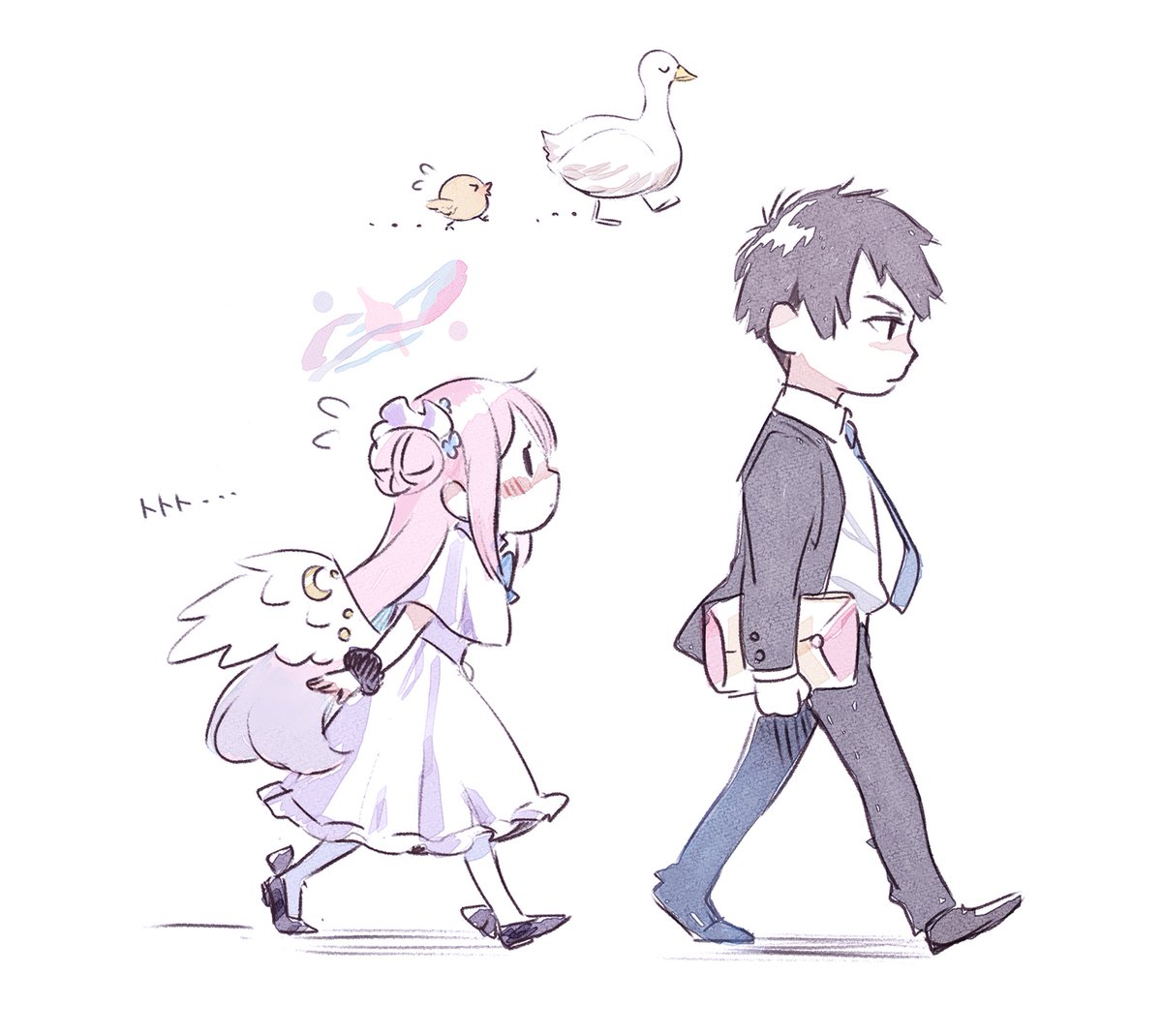 mika (blue archive) 1boy 1girl pink hair walking wings bird necktie  illustration images