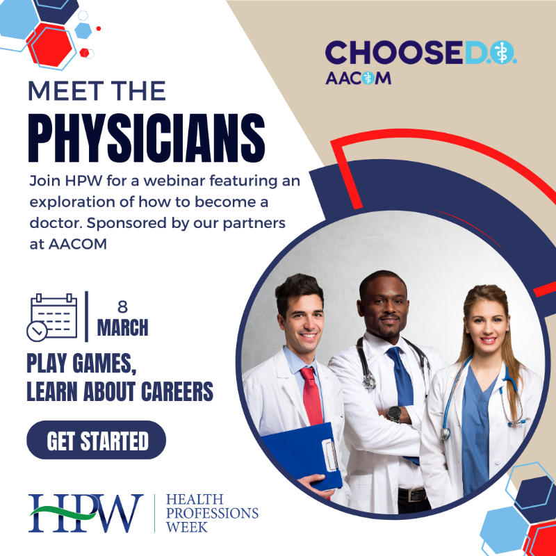 AACOMmunities's tweet photo. AACOM is hosting the "Meet the Physicians – an exploration of how to become a doctor" webinar at #SpringHPW. This webinar focuses on identifying the steps future physicians take to pursue their top-choice residency program. Click here to register. @healthprofweek