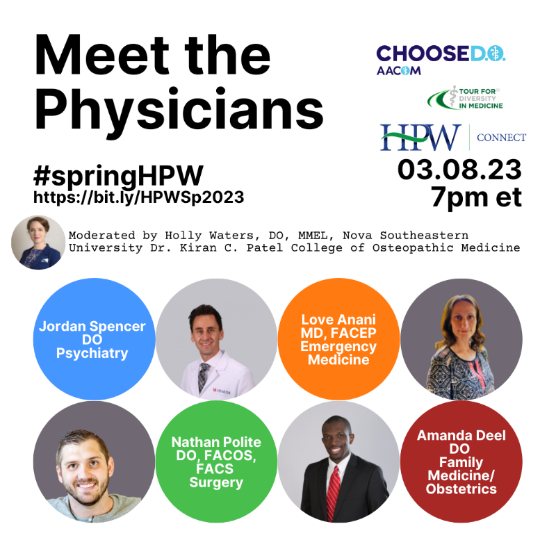 AACOMmunities's tweet photo. AACOM is hosting the "Meet the Physicians – an exploration of how to become a doctor" webinar at #SpringHPW. This webinar focuses on identifying the steps future physicians take to pursue their top-choice residency program. Click here to register. @healthprofweek