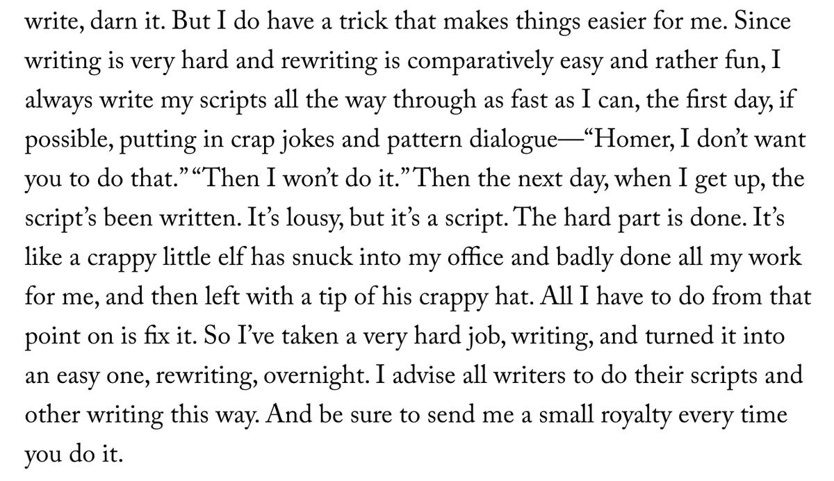 alan_smcalpine's tweet photo. @JDomanPipe Tried and tested! It for sure depends on what you're trying to drive (for me it's usually getting over writing down that dreaded *first word*). A useful way I've found of looking at it is this—from a Simpsons writer, of all places: 
(https://t.co/PKx62juTvp) https://t.co/Me7fIrKpiv