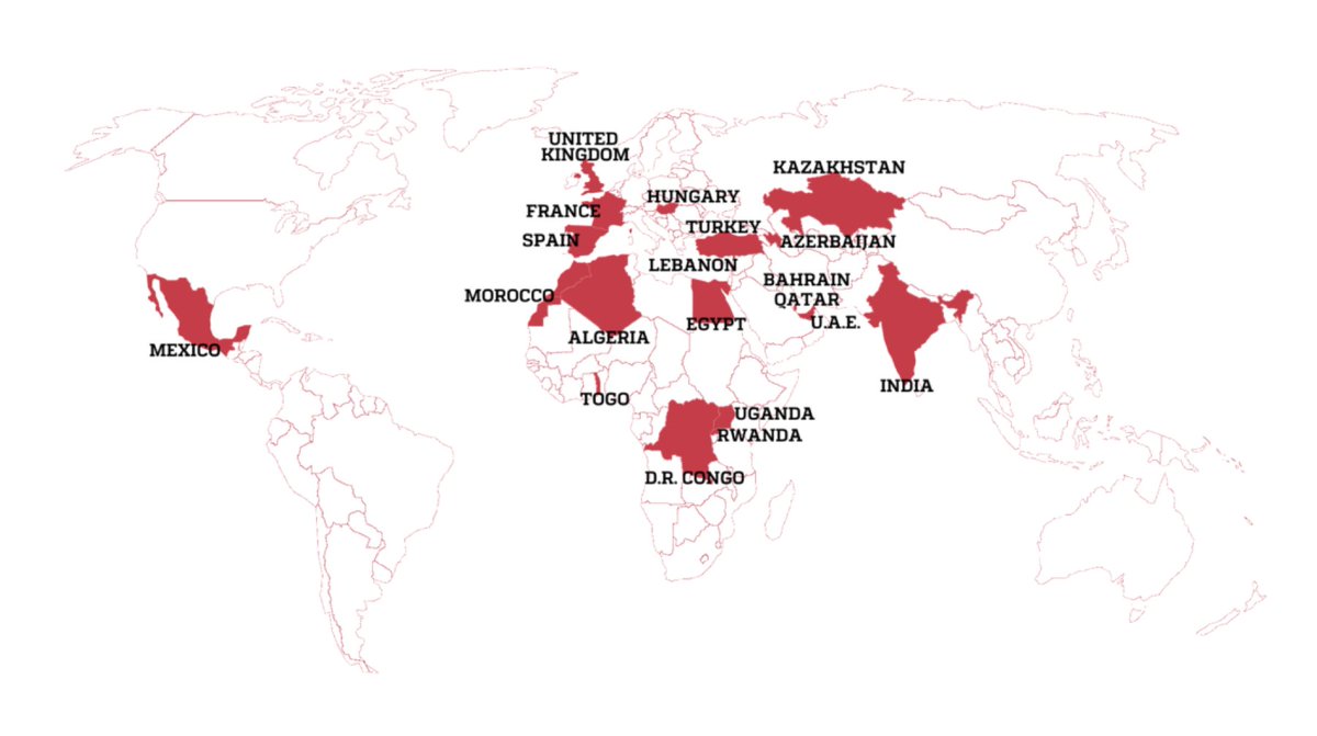 Mapa de los países en donde se ha identificado #spyware que la compañía NSO vendió a gobiernos para espiar a periodistas y opositores.

#pegasusproject 

forbiddenstories.org una organización que protege los datos de periodistas en riesgo #safeboxnetwork