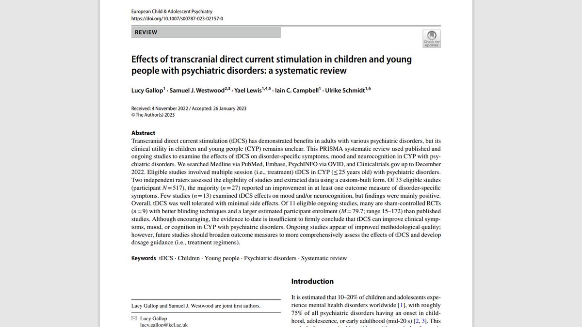 Super thrilled this is finally out!

My joint first author (<a href="/LucyJGallop/">Lucy G</a>) and I review tDCS studies in children/young people with psychiatric disorders:

🚨Mixed-to-positive effects
🚨Study quality (slowly) improving
🚨More work on dosage guidance needed!

link.springer.com/article/10.100…
