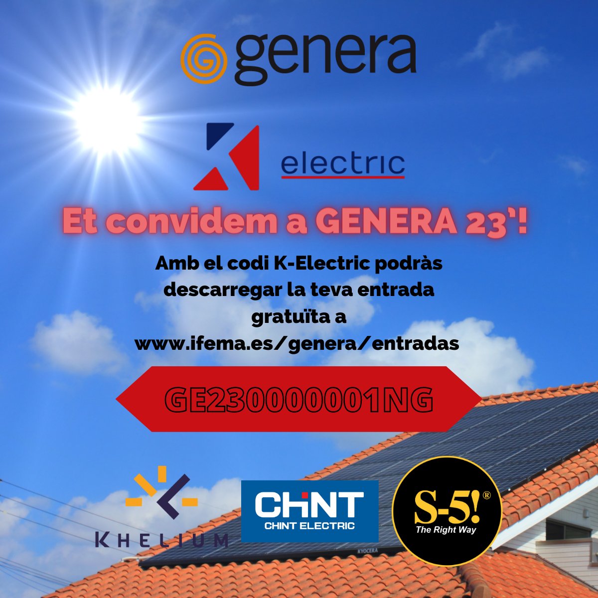 ChintCatalunya's tweet photo. Et convidem a Genera 23'! Al següent enllaç podràs descarregar la teva entrada gratuïta amb el codi K-Electric: GE230000001NG. T'esperem! #energiesrenovables #sostenibilitat https://t.co/dc4JKy3d2K