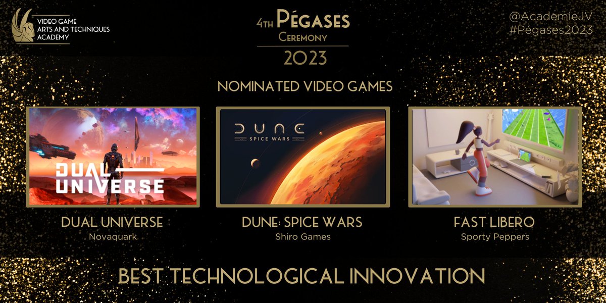 Nominees for Best Technological Innovation are <a href="/dualuniverse/">myDU - Dual Universe without subscription</a> from @novaquark / <a href="/DuneSpiceWars/">Dune: Spice Wars</a> from <a href="/shirogames/">Shiro Games</a>  / Fast Libero from <a href="/SportyPeppers/">Sporty Peppers</a>. 

The Best Technological Innovation award is supported by @FigroupFR , thanks to them for this partnership!