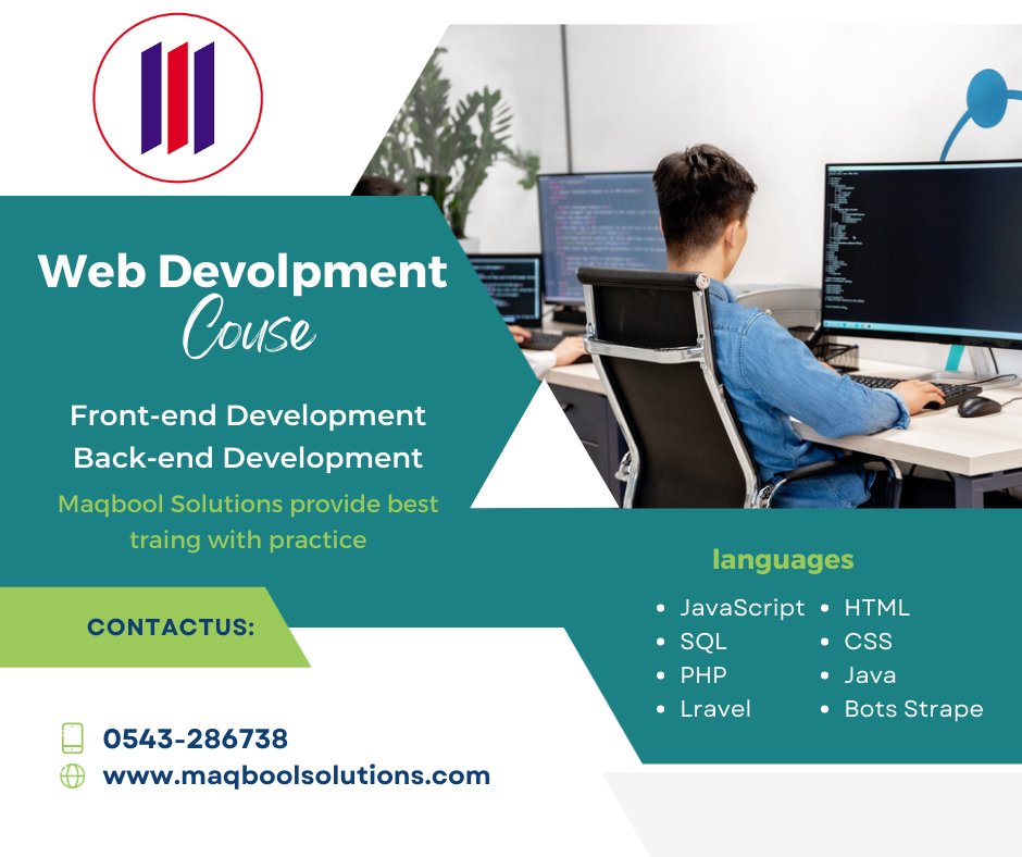 MaqboolSolution's tweet image. Maqbool Solutions provide best training with practice Front-end Development Back-end Development. 
languages 
JavaScript SQL PHP Laravel
 HTML CSS Java Bots Strap
#maqboolsolutions #ITCompany #webdevolpment #computercourse