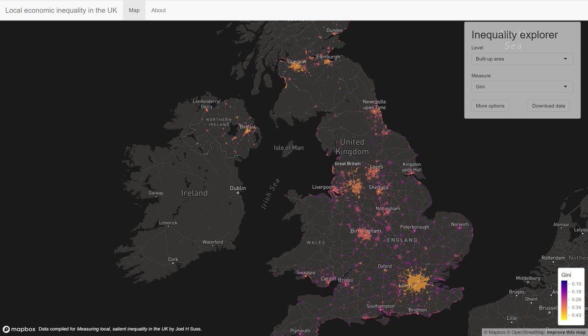 Inspired by the work of @bothness & @undertheraedar, I've created these interactive maps (in #RShiny) where you can visualise economic inequality & download the data at various geographic levels, from very granular (LSOAs) to more aggregated (TTWAs): jhsuss.shinyapps.io/uk-local-inequ…