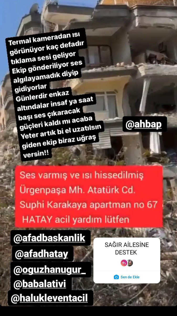 BcrAsena's tweet photo. Lütfen biri yardım etsin kız arkadaşımın ailesi hala enkazda 🙏@afad @haluklevent @OguzhanUgur @BabalaTv @AFADHatay https://t.co/BTcwEbO3xT