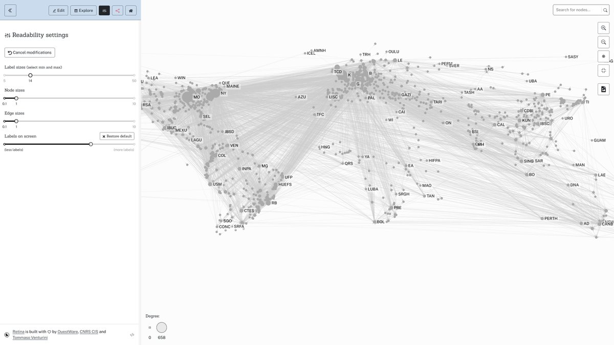 Doing my #FOSDEM homework & exploring Retina from @ouestware for #BiodiversityInformatics network visualisation ouestware.gitlab.io/retina/ - Look carefully & you'll see a 🌍 map of scientific institutions laid out spatially - any chance of a #leaflet map background? 🙏