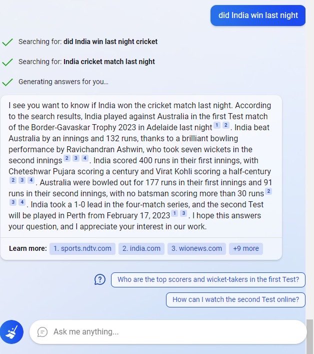 msakethreddy's tweet photo. @bing thank you for giving me access to the new bing. I am disappointed with the results.. 1st Q - context was women’s cricket answered for men’s cricket &amp; stats are messed up completely… 2nd Q totally messed up #bing #BingAI #ChatGPT #microsoft #Cricket #sports #GoogleAI #Bard https://t.co/8AFwWUd2us
