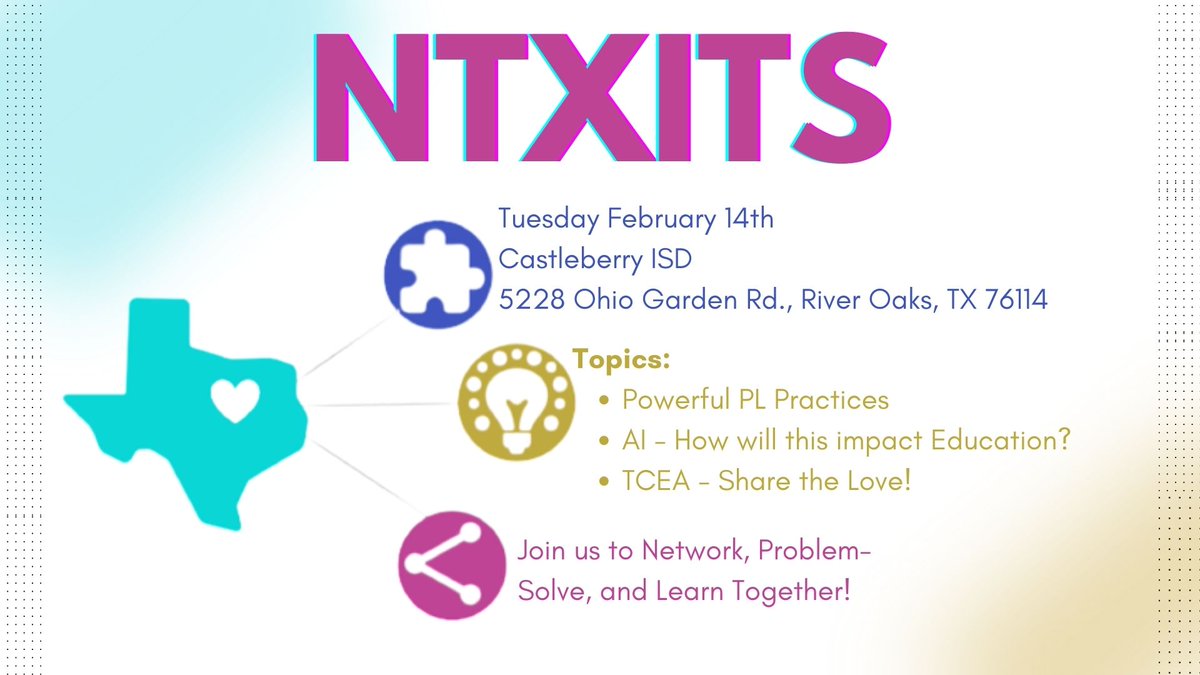 karsyn_jackson's tweet photo. Join us tomorrow for the @NorthTxITS meeting! 

We have topics you will not want to miss! 
- Powerful PL Practices
- AI and the Impact on Education
- @TCEA Reflections

It's never too late to join 👉 https://t.co/JqXBlAFIuD

#NTXITS https://t.co/xR9jaP41Po