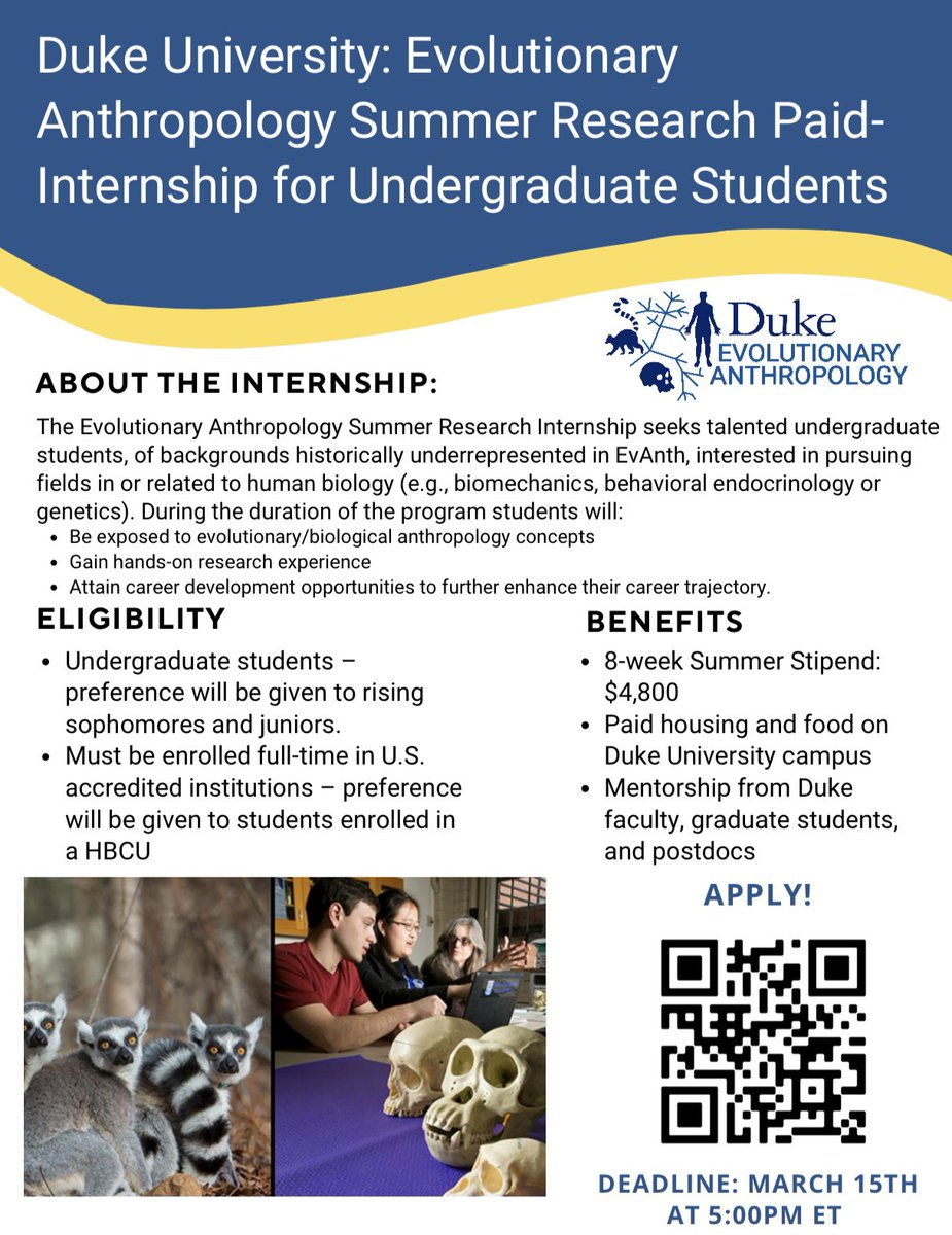 alisha_anayad's tweet photo. Duke Evolutionary Anthropology is recruiting (PAID) summer interns! Interns will gain first-hand experience with research on topics such as health, genetics, or paleontology. Preference will be given to students currently enrolled in a local NC HBCU! https://t.co/L3QcbM3JUQ https://t.co/0IsYrVv3m3
