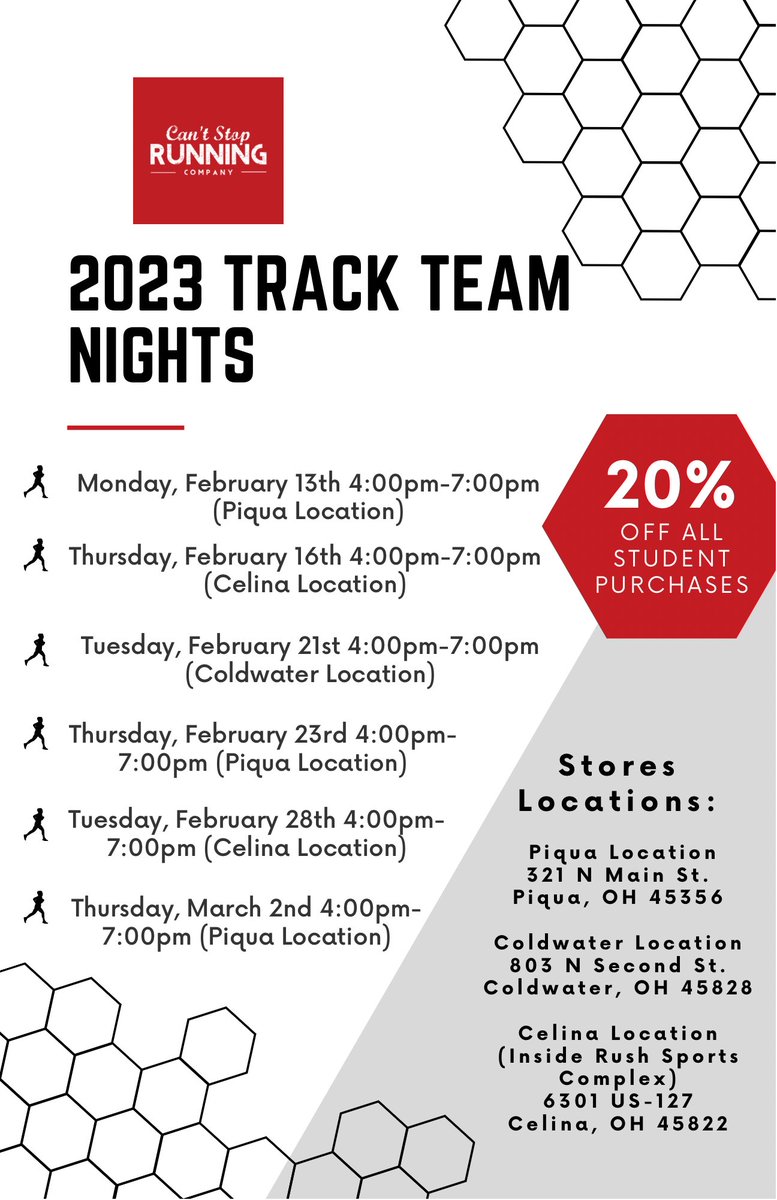 cantstoprunning's tweet photo. Track Team Nights start this week!  Tonight in Piqua 4-7 and Thursday in Celina 4-7.  Bring your athletes in for a 20% discount and custom fit process by friendly and knowledgeable employees.  That’s something you don’t get online or at big box stores! https://t.co/xaI33xtzJG