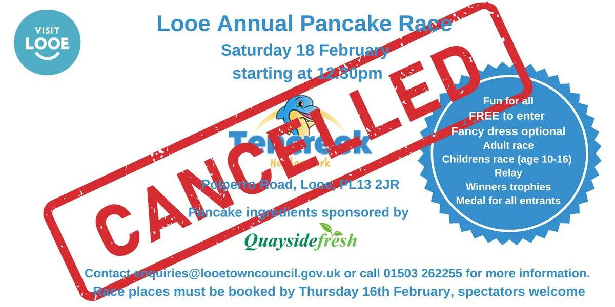 VisitLooe's tweet photo. We are sorry to announce that the Pancake Race scheduled for Saturday 18 February at Tencreek Holiday Park is cancelled due to low entry numbers.

We hope you will still enjoy some delicious pancakes at home on Shrove Tuesday
#pancakerace #event #cancelled https://t.co/USzSkQMMiX