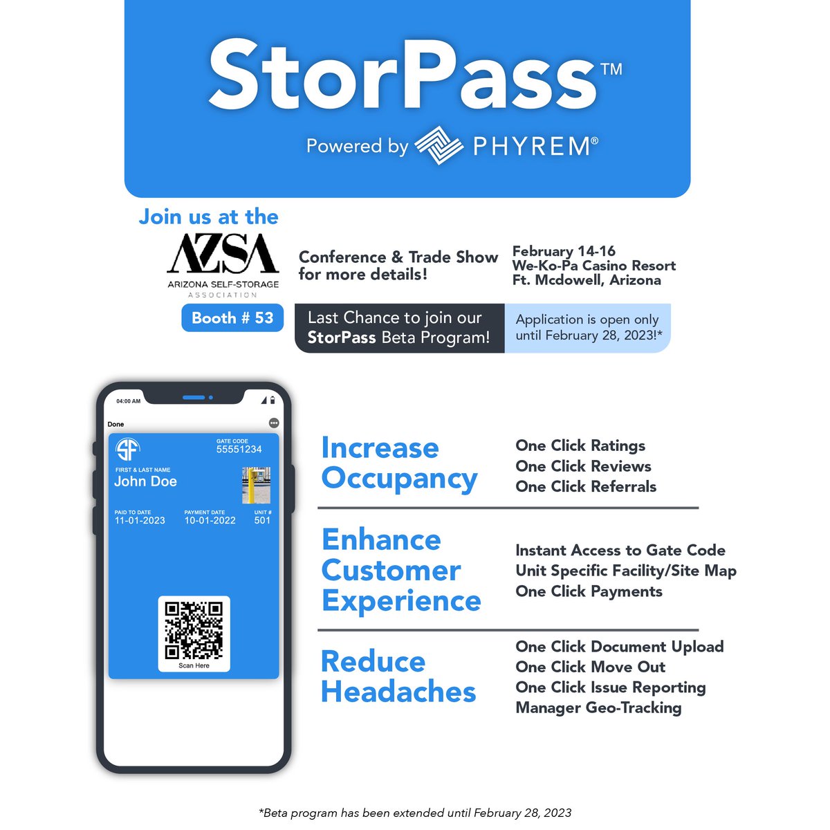 Join us for an amazing time at the #AZSA2023 Tradeshow, Feb 14-16 at We-Ko-Pa Casino Resort. Stop by Booth #53 to witness #StorPass, the ultimate digital access card & #WalletPass solution. Be a part of the self-storage revolution. Book now! phyl.ink/T6lOncGp