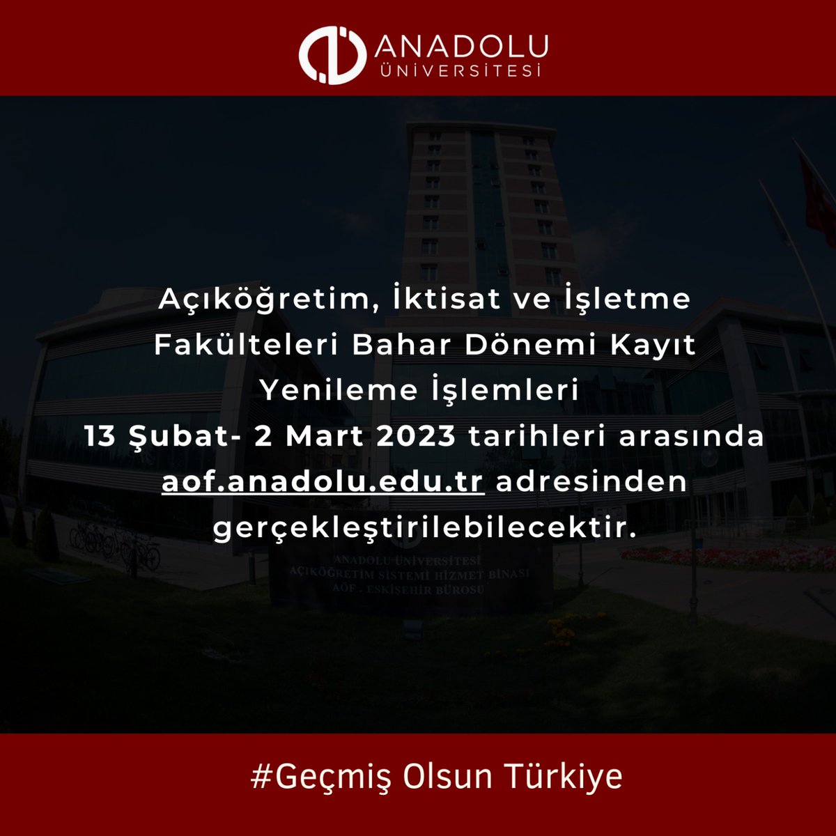 Açıköğretim, İktisat ve İşletme Fakülteleri Bahar Dönemi Kayıt Yenileme İşlemleri 13 Şubat- 2 Mart 2023 tarihleri arasında aof.anadolu.edu.tr adresinden gerçekleştirilebilecektir.