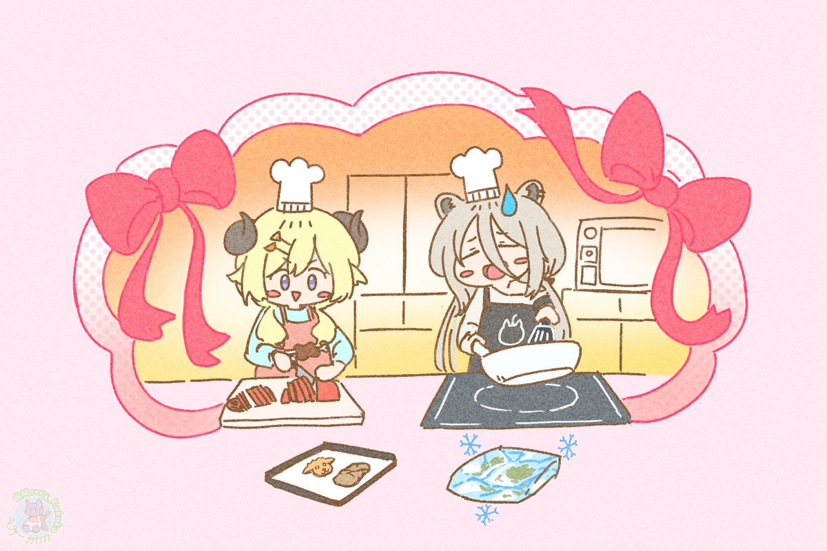 shishiro botan ,tsunomaki watame multiple girls 2girls animal ears chef hat cooking blonde hair apron  illustration images