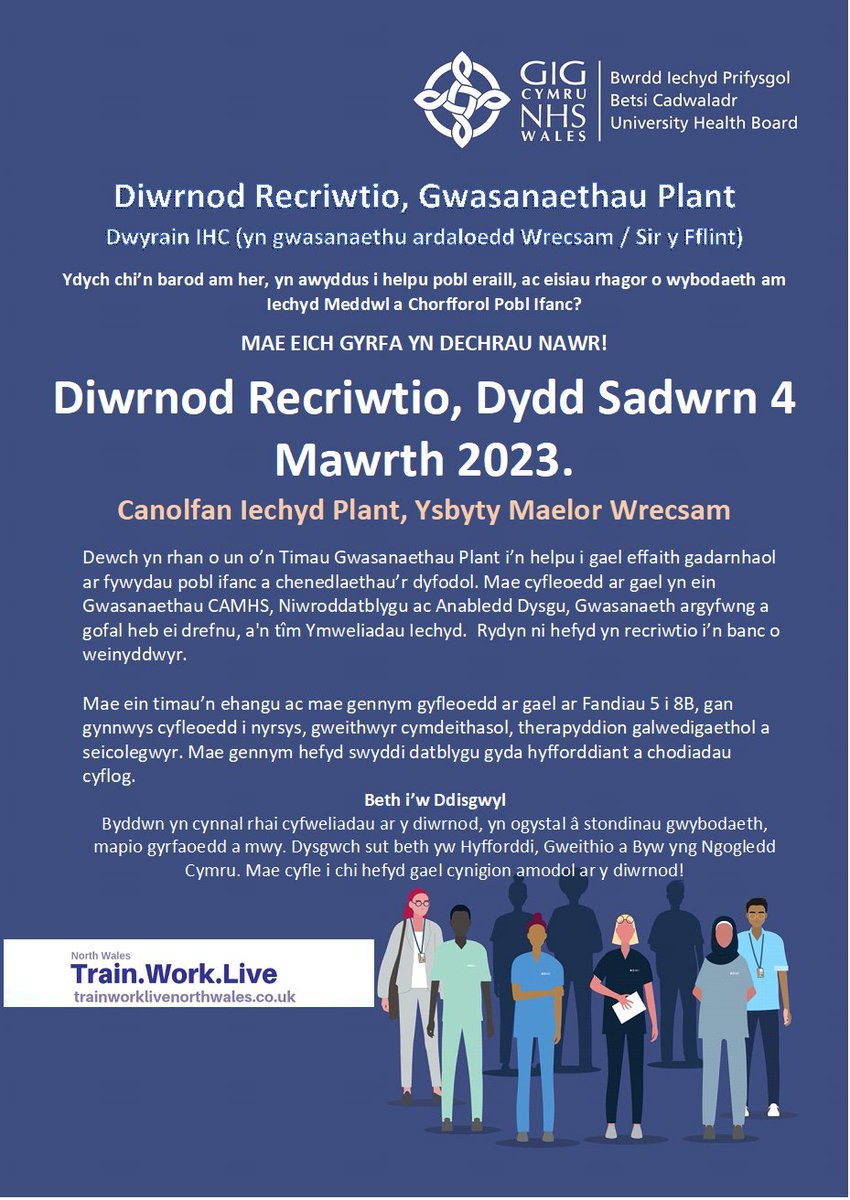 Diwrnod Agored recriwtio 4 Mawrth 2023 
Gwasanaeth Plant Integredig y Dwyrain -
Recriwtio ar gyfer gweithwyr gofal iechyd cofrestredig ac anghofrestredig
Lleoliad: Canolfan Iechyd Plant, Wrecsam Maelor, Wrecsam, LL13 7TD