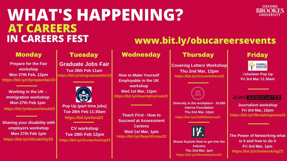 OBUSportCourses's tweet image. Looking ahead to the Week 5 Careers Fest, lots of employability related workshops and events taking place across the week, including the #GradJob fair on 28/02.