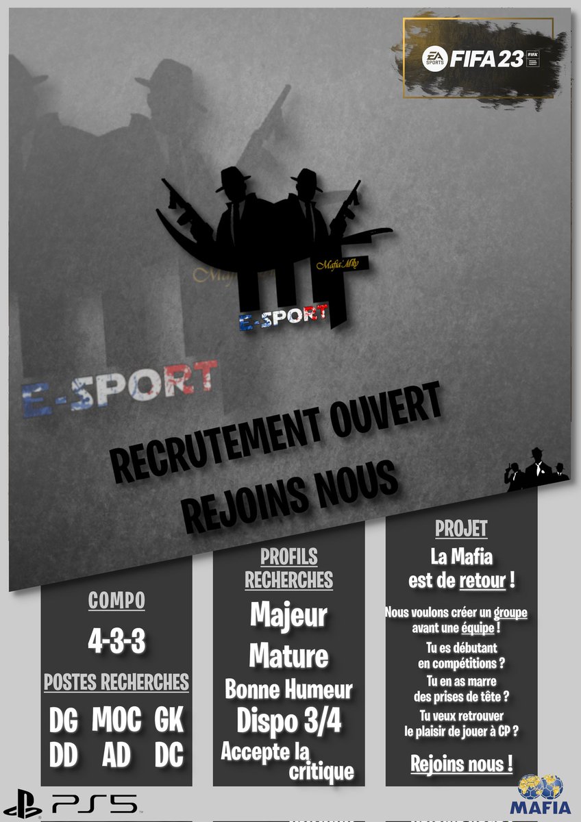 La Mafia'mily E-Sport recrute dans le but de créer un groupe qui va tout defoncer dans les prochaines saisons <a href="/VPGFrance_/">VPG France</a> <a href="/belgique_vpg/">VPG BELGIQUE 🇧🇪</a> @EfaOffficiel et <a href="/SwissVPG/">VPG Switzerland 🇨🇭</a> 

Vous correspondez aux critères ci-dessous ? Rejoignes nous !

📩 contact en dm