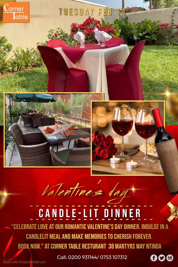 Indulge in a romantic atmosphere, delicious cuisine, and an unforgettable evening with your special someone. Make memories to last a lifetime on the most romantic day of the year. Book your table now! #ValentinesDay #RomanticDinner #CornerTableRestaurant'