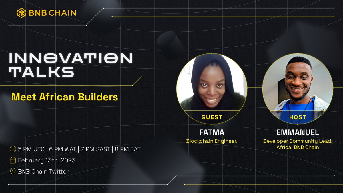 BNBCHAIN's tweet photo. 🚨Today at 5 PM UTC, "Meet African Builders" on Twitter Spaces with blockchain engineer, Fatma @fatima39_fatima. 

Learn about her journey in the blockchain ecosystem and gain valuable insights on the future of blockchain in Africa. See you there!✌️#BNBChainAfrica https://t.co/1xBBUIeaPY