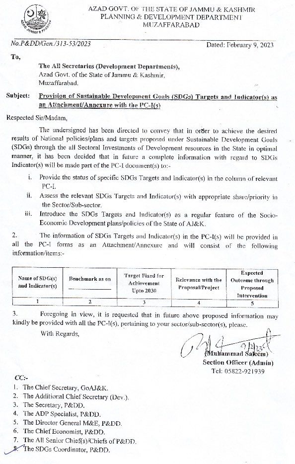 To accelerate the achievement of #Agenda2030, P&amp;DD <a href="/GovtofAJK/">Govt of Azad Jammu & Kashmir</a> directed all departments to include #SDGs checklist (goals, targets &amp; indicators) in PC-Is to align development budgets &amp; sectoral investments with #SDGs. PC- I will also be reviewed &amp; scrutinized through SDGs lens.