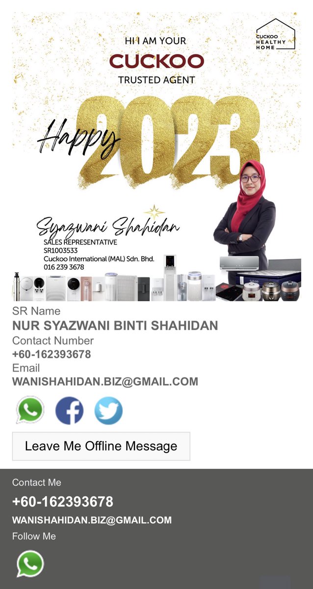 Assalamualaikum semua. Lama betul tak update 😂. 

I’m still your favourite Sales Representative Cuckoo Malaysia. 🫰🏻❤️