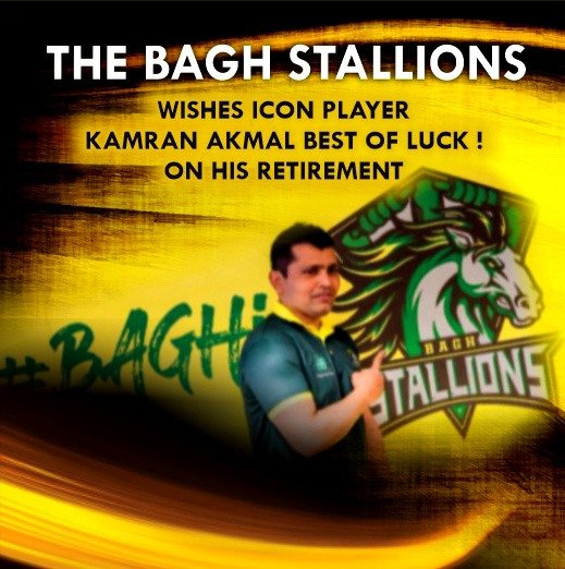 thebaghstallion's tweet photo. Wishing the best to @KamiAkmal23 in his retirement from cricket after an incredible career filled with memories. Your exceptional wicketkeeping skills, along with your thrilling batting performances, have left us all in awe.   
#baghistudios #thebaghstallions #KamranAkmal https://t.co/6YcFZ4Dd97