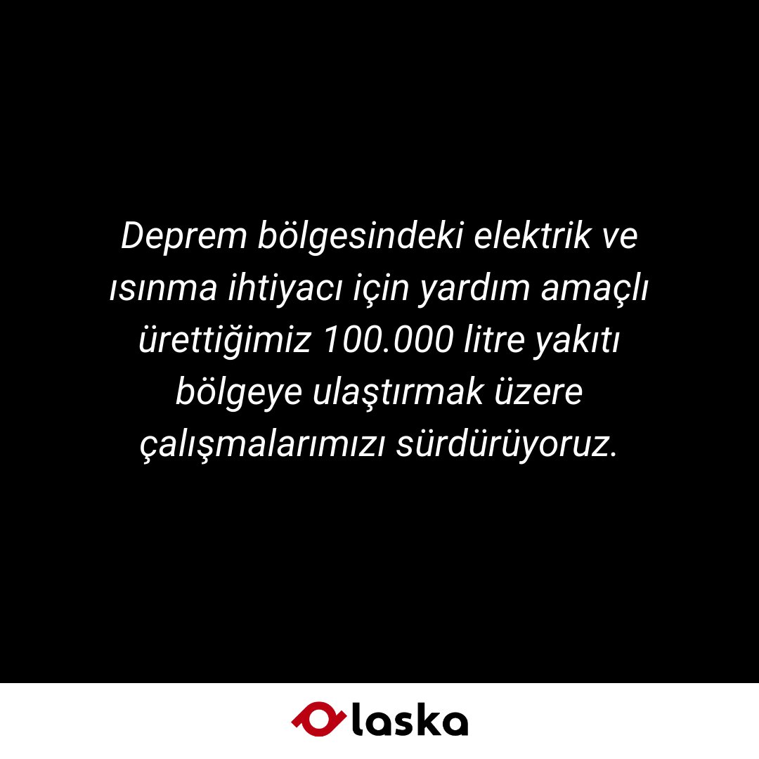 laskatech's tweet image. Atık lastiklerin depremzedeler için bir kaynağa dönüşebilmesi amacıyla 100.000 litrelik yakıt yardımımızı bölgeye ulaştırmak üzere çalışıyoruz.

Destek vermek isteyenlerin bize  info@laska.com.tr  mail adresinden ulaşabileceğini belirtmek isteriz.